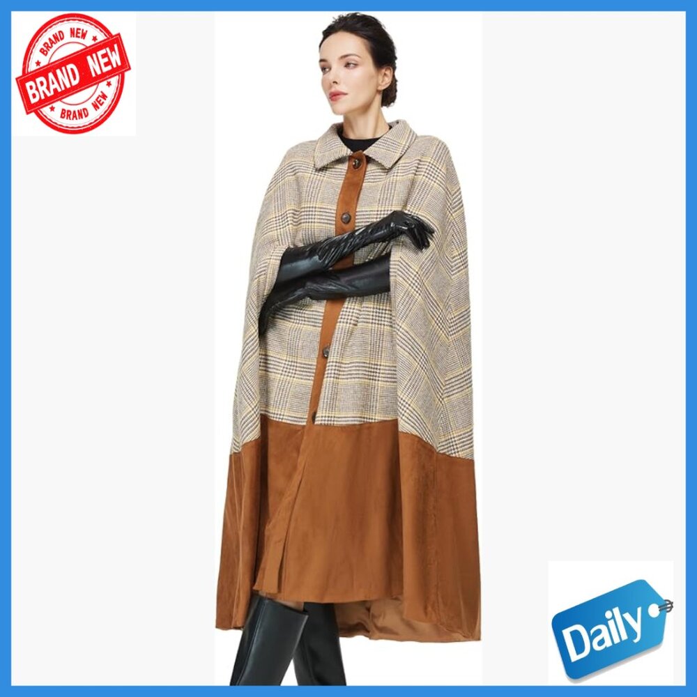 Wool Blend Cape Coat with Leather Patchwork, Midi… - image 1